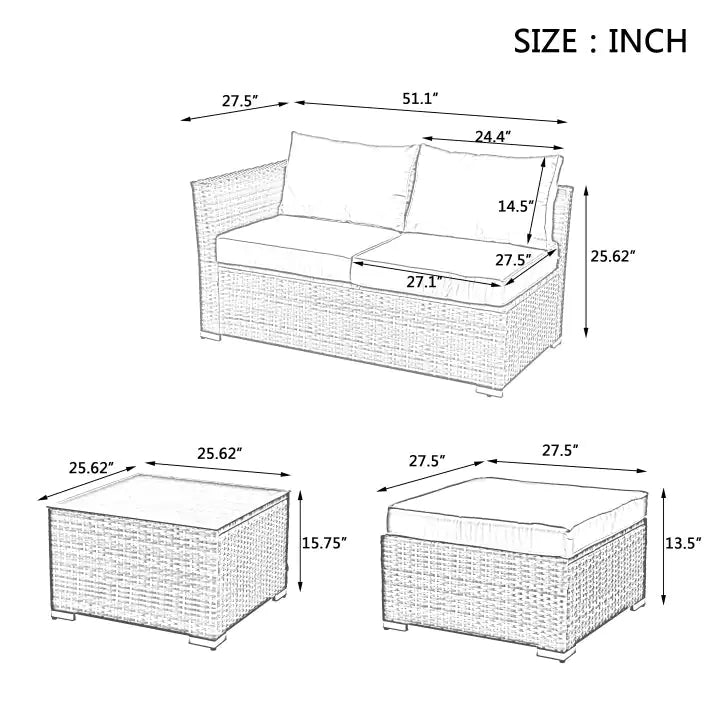 Outdoor Wicker Furniture Set W/ Tempered Glass Coffee Table