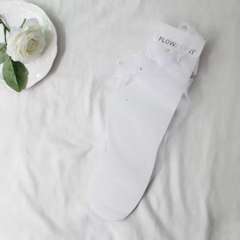 Transparent Sheer Mesh Socks with Bowknot and Pearls