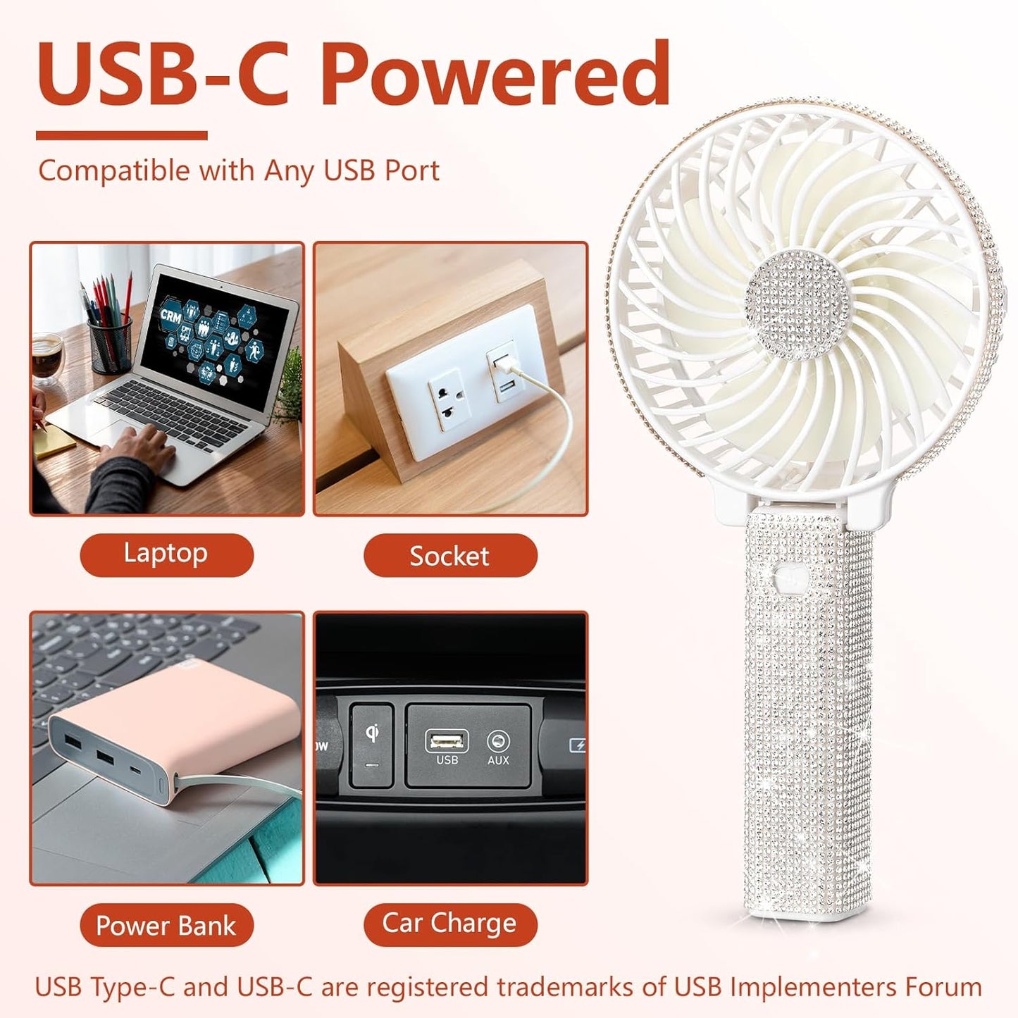 Portable Rhinestone USB-C Rechargeable Fan