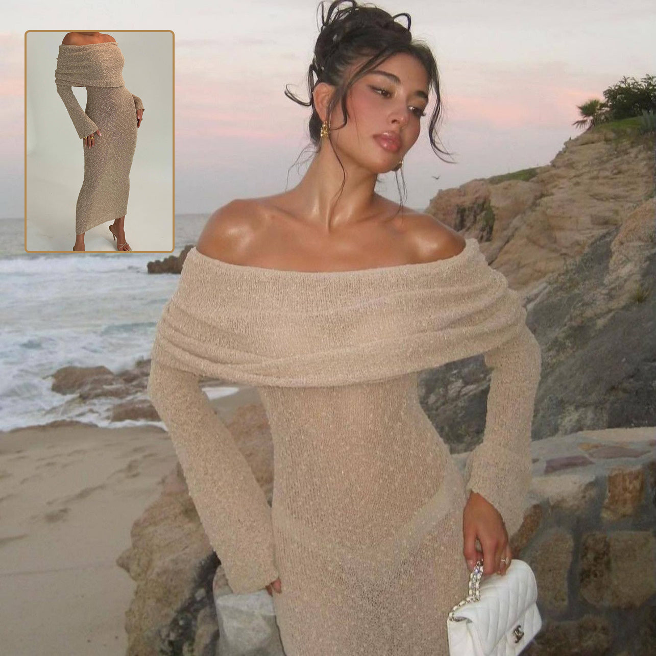 Cold Shoulder Knitted Long-sleeved Dress