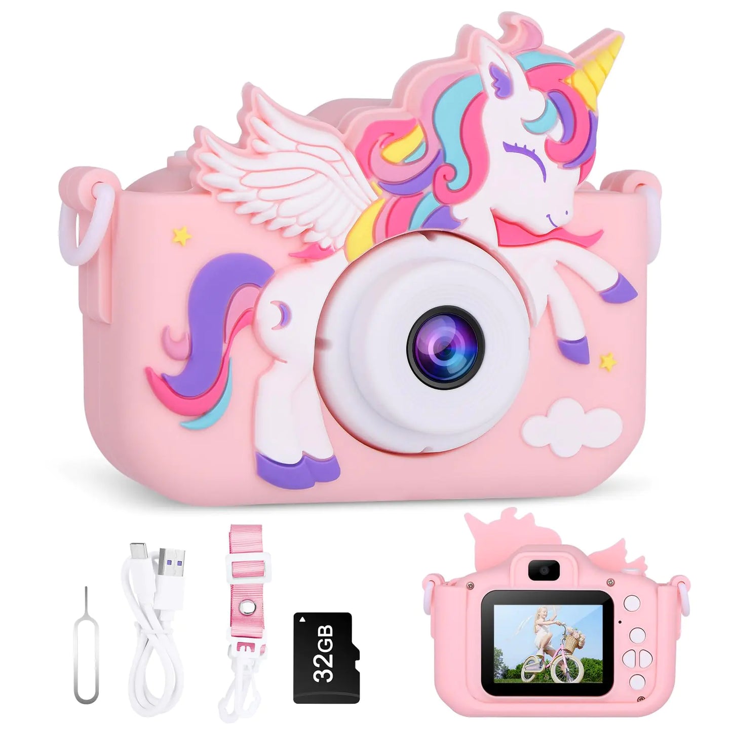 VisionX Unicorn Kids Digital Camera Birthday Christmas Kids Toy Gifts for 5 6 7 8 9 10 Year Old Girls 1080P HD Selfie Kids Camera Toys with 32GB Card