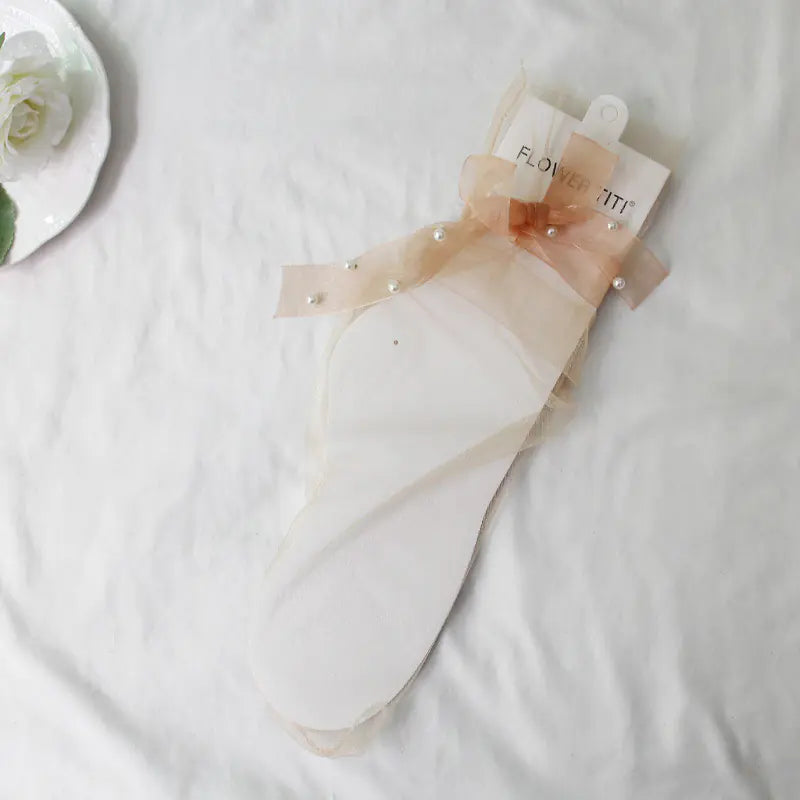 Transparent Sheer Mesh Socks with Bowknot and Pearls