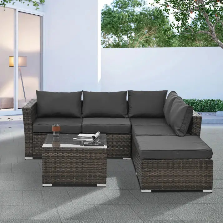 Outdoor Wicker Furniture Set W/ Tempered Glass Coffee Table