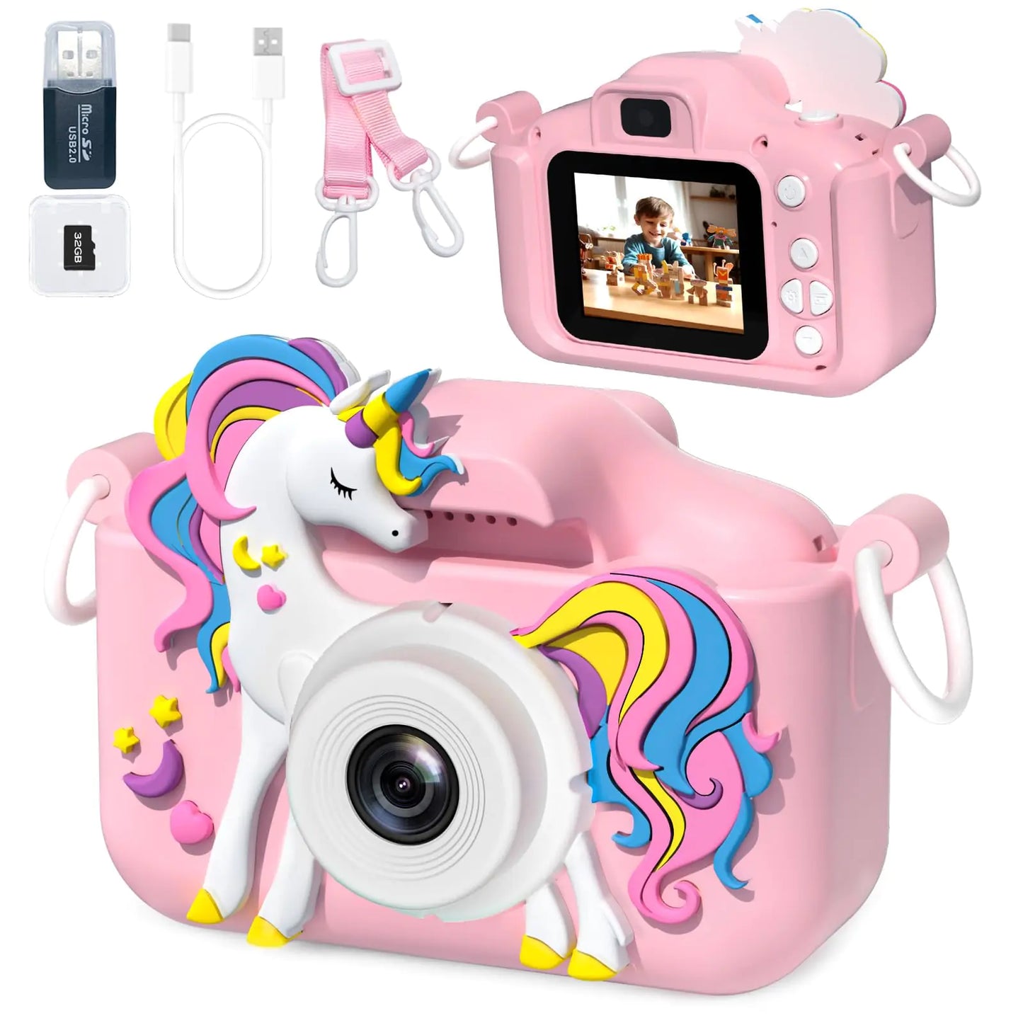 Kids Camera Toys for 3-12 Year Old Girls BoysChildren Digital Video Camcorder Camera Upgrade Kids Selfie Camera HD Kids Digital Video Cameras for Toddler with Cartoon Soft Silicone Cover