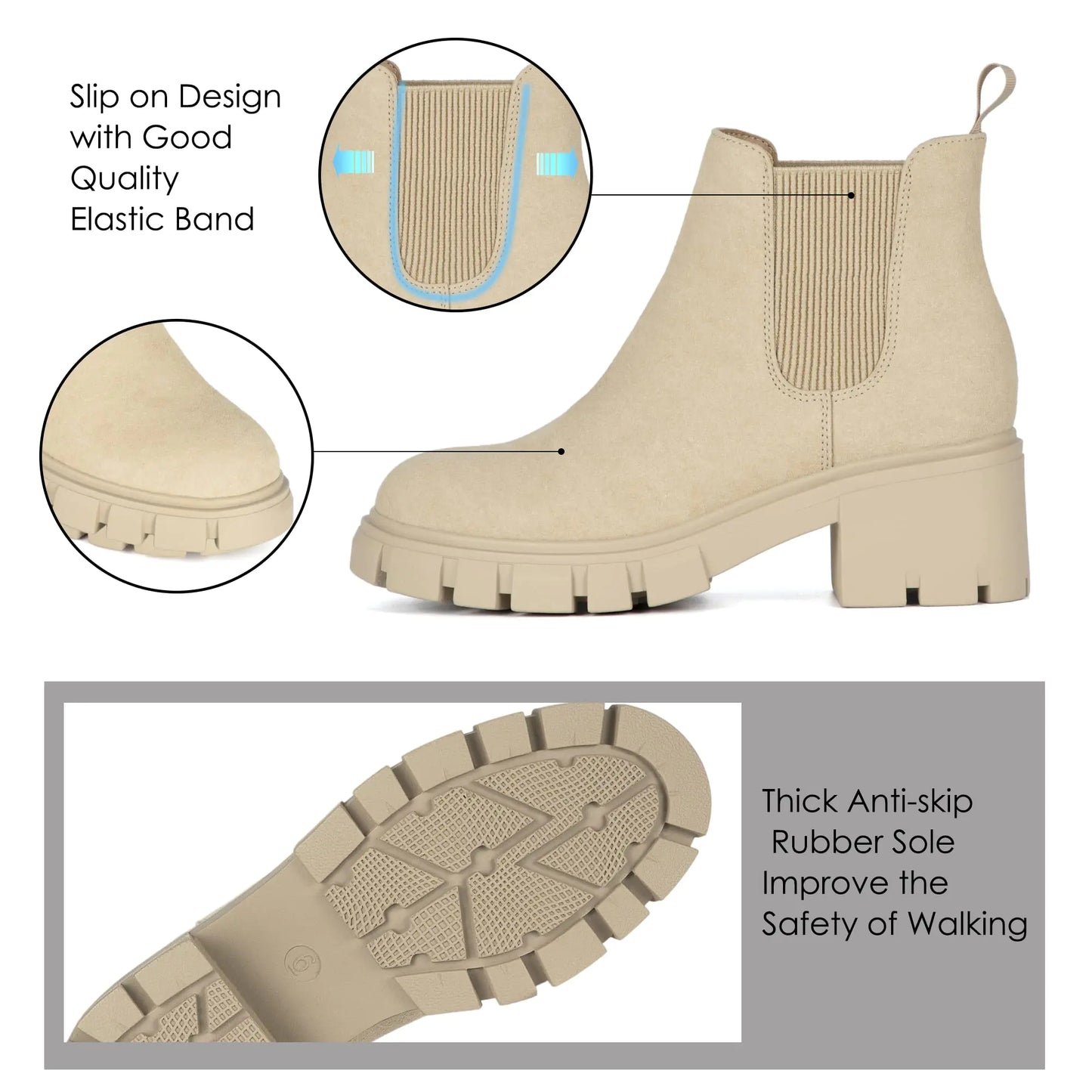Women's Chelsea Fashion Lug Sole Chunky Heel Slip on Elastic Ankle Booties