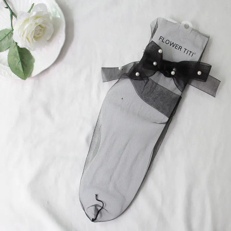 Transparent Sheer Mesh Socks with Bowknot and Pearls