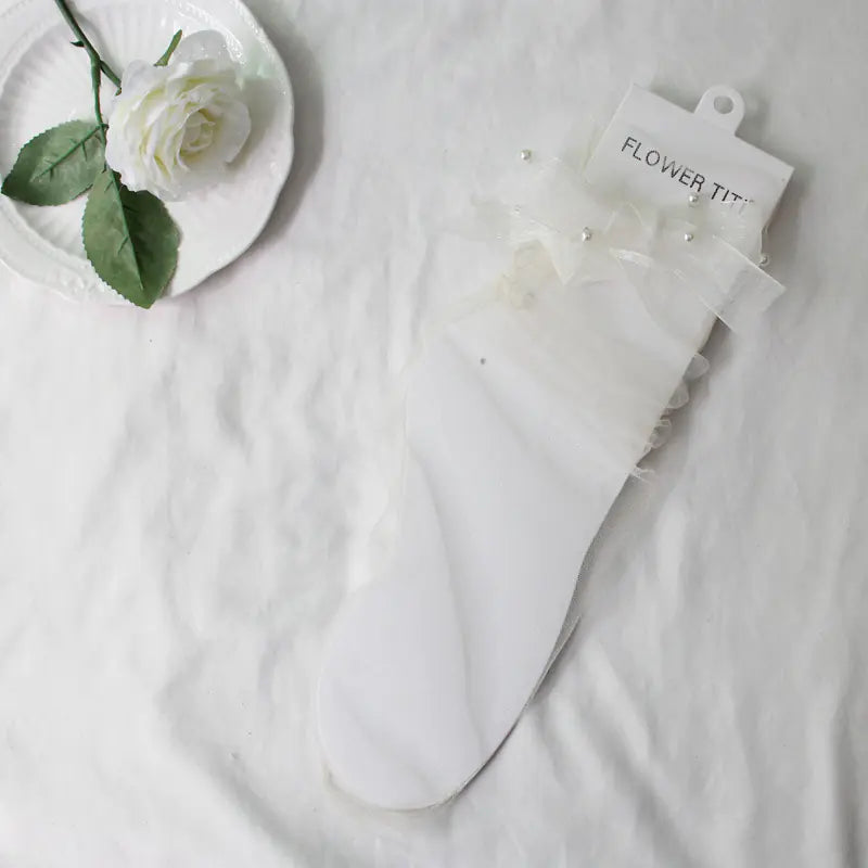 Transparent Sheer Mesh Socks with Bowknot and Pearls