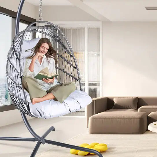 Indoor/Outdoor Rattan Patio Basket Swing Chair W/ Stand