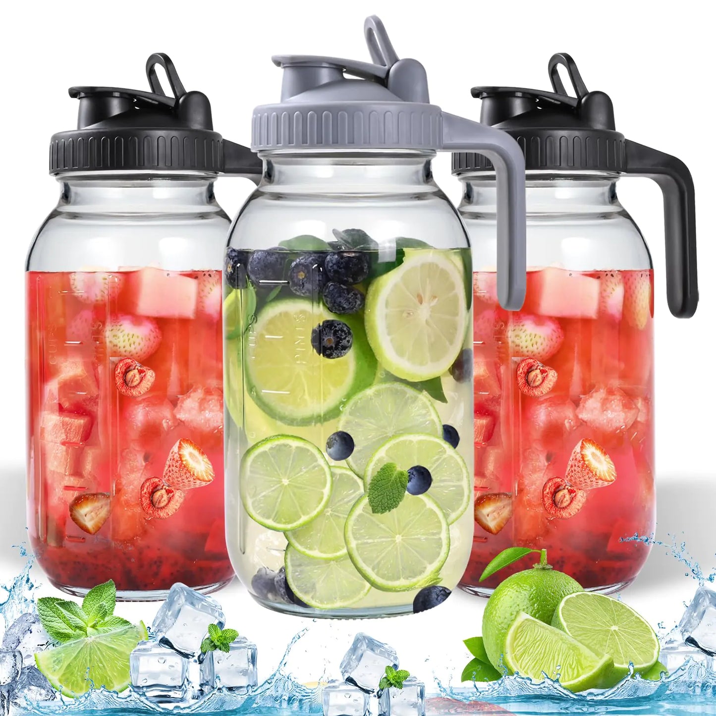 3 Packs 64OZ Glass Pitcher with Lid Leak-Proof Airtight Mason Jar for Cold Brew Coffee Iced tea Milk Food Storage