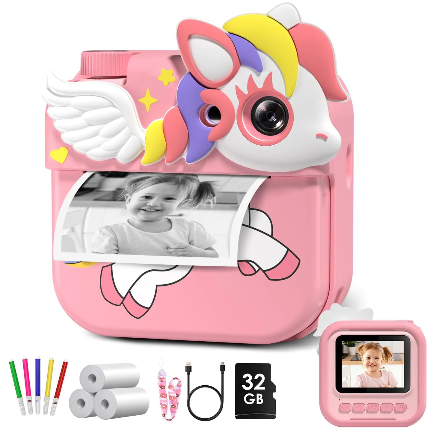 HangRui Kids Camera Instant Print 2.4 Inch IPS Screen 12MP 1080P Digital Camera for Kids Birthday Gifts for 3-12 Year Old Girls Toddler Camera with 32GB Card