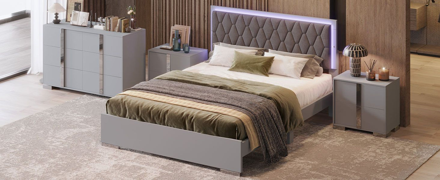 Luxury 4-Piece Bedroom Sets Queen Size Upholstered Bed with LED Lights