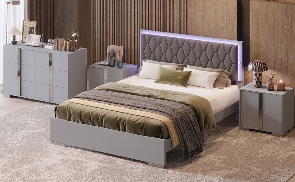 Luxury 4-Piece Bedroom Sets Queen Size Upholstered Bed with LED Lights