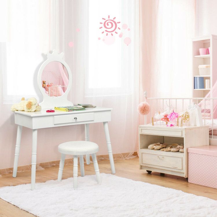 Kids Wooden Princess Makeup Table Vanity with Cushioned Stool