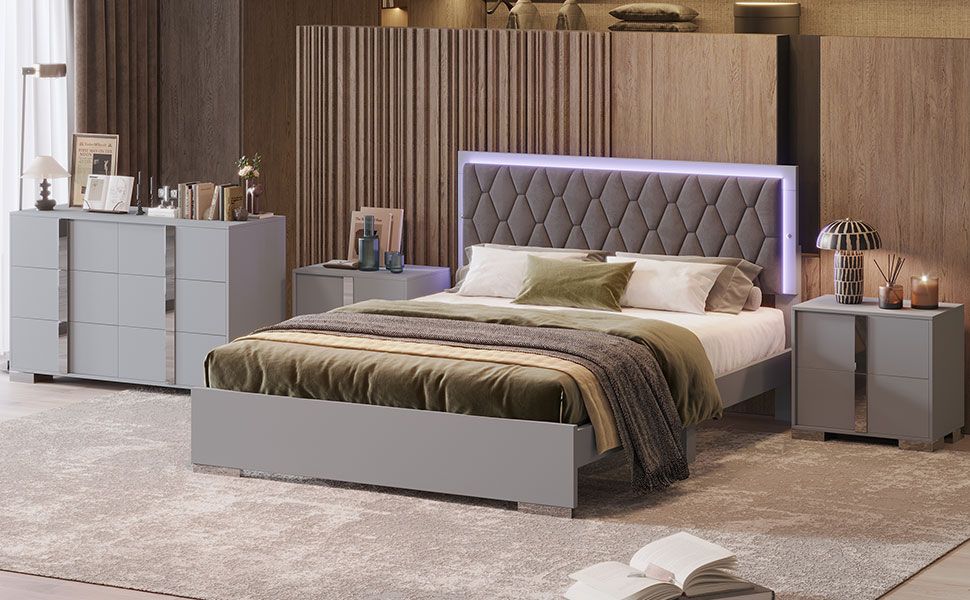 Luxury 4-Piece Bedroom Sets Queen Size Upholstered Bed with LED Lights