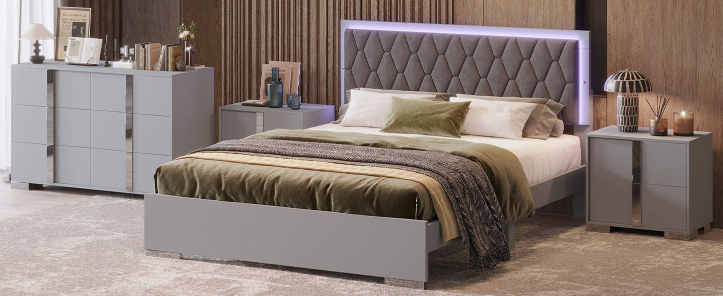 Luxury 4-Piece Bedroom Sets Queen Size Upholstered Bed with LED Lights