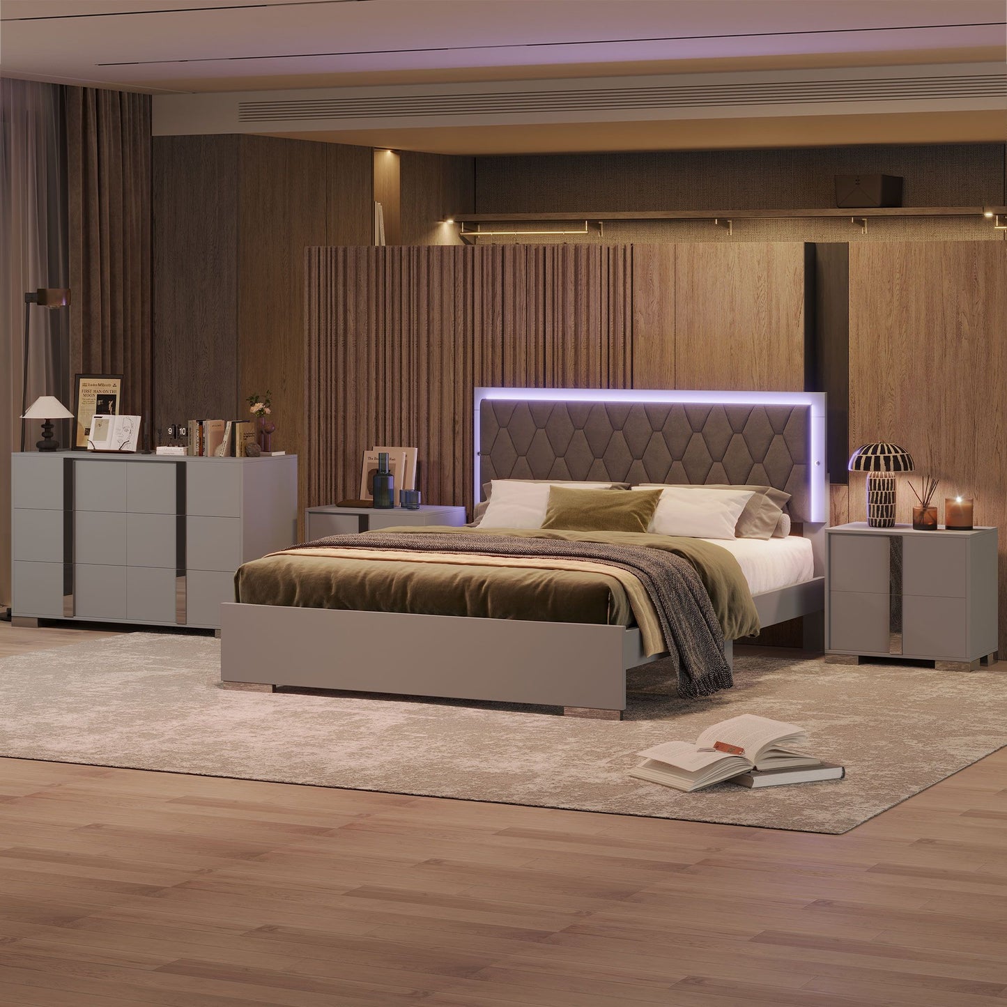 Luxury 4-Piece Bedroom Sets Queen Size Upholstered Bed with LED Lights