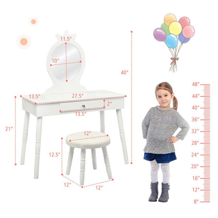 Kids Wooden Princess Makeup Table Vanity with Cushioned Stool
