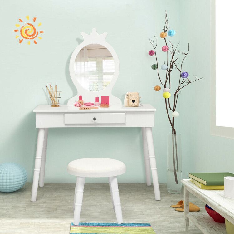 Kids Wooden Princess Makeup Table Vanity with Cushioned Stool