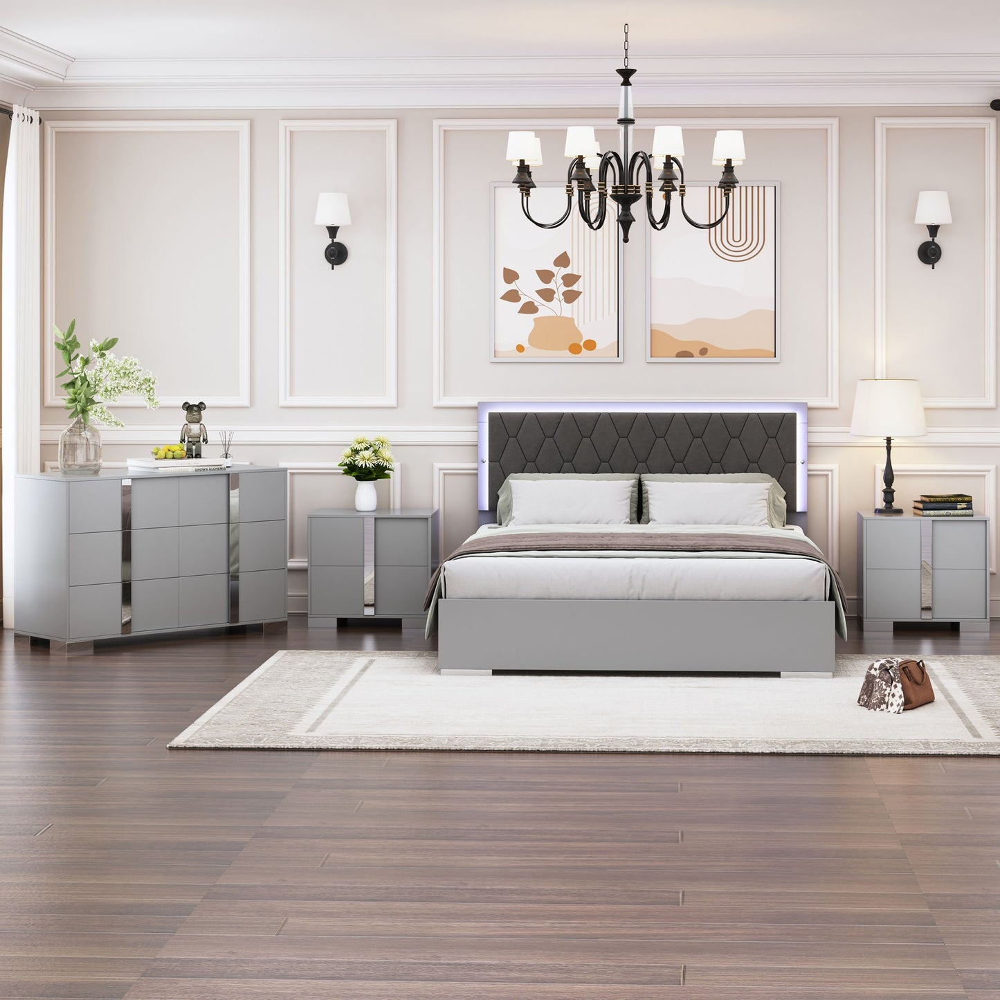 Luxury 4-Piece Bedroom Sets Queen Size Upholstered Bed with LED Lights