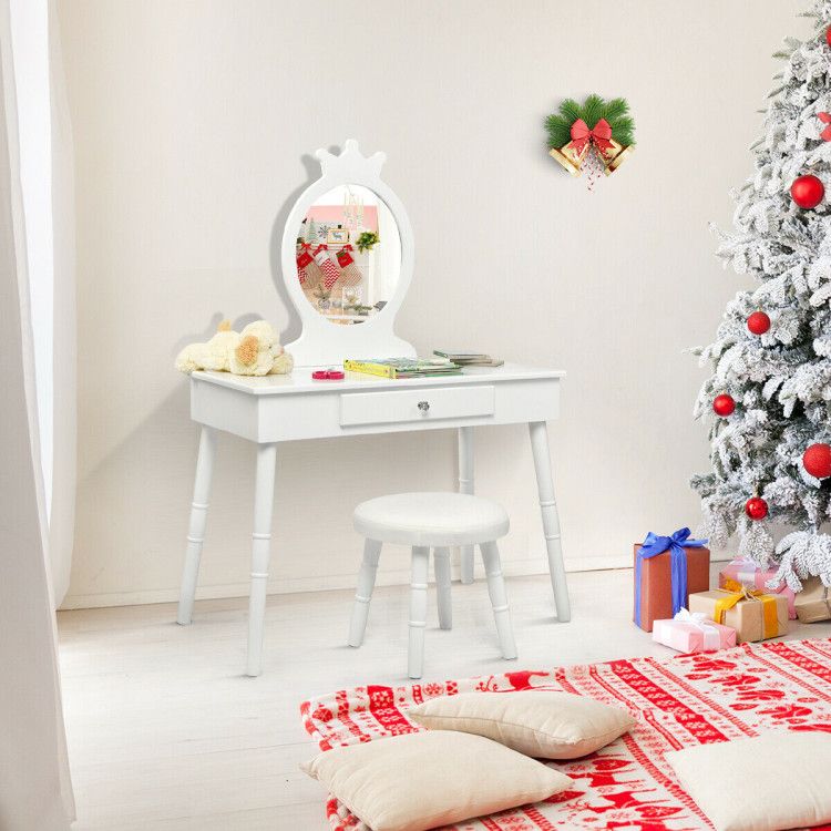 Kids Wooden Princess Makeup Table Vanity with Cushioned Stool