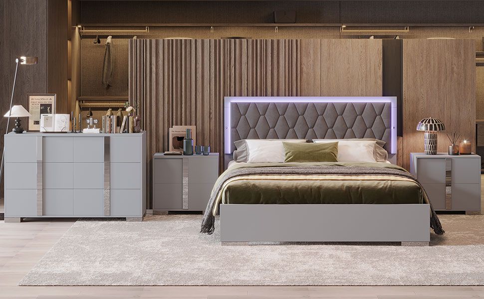 Luxury 4-Piece Bedroom Sets Queen Size Upholstered Bed with LED Lights