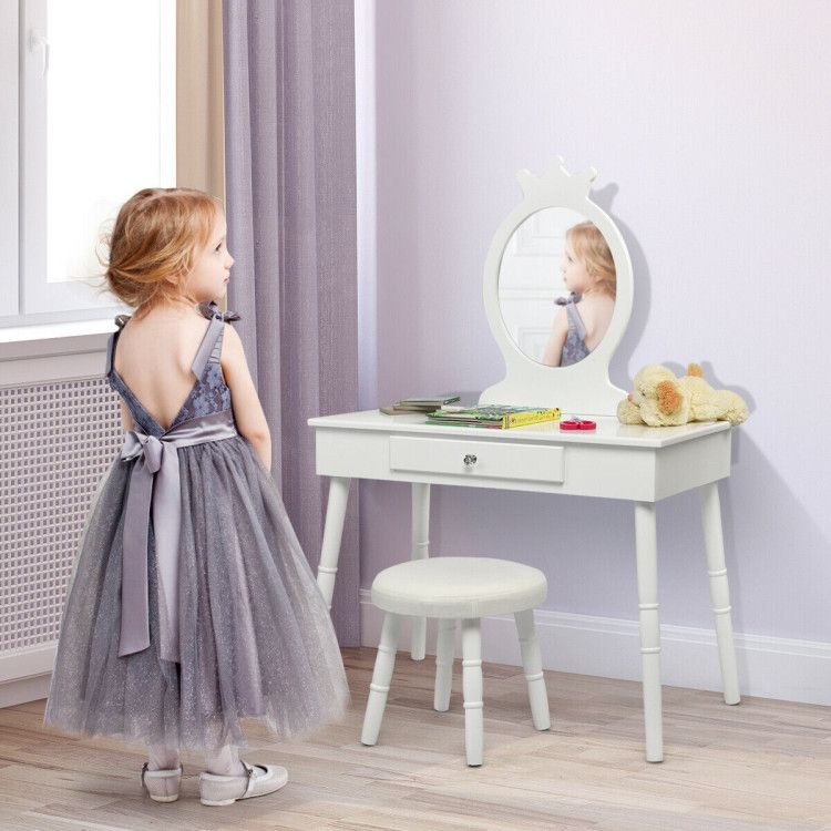 Kids Wooden Princess Makeup Table Vanity with Cushioned Stool