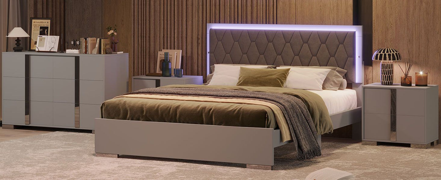 Luxury 4-Piece Bedroom Sets Queen Size Upholstered Bed with LED Lights