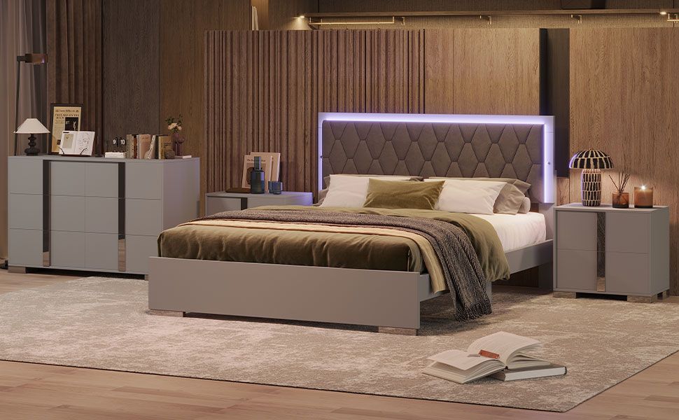 Luxury 4-Piece Bedroom Sets Queen Size Upholstered Bed with LED Lights