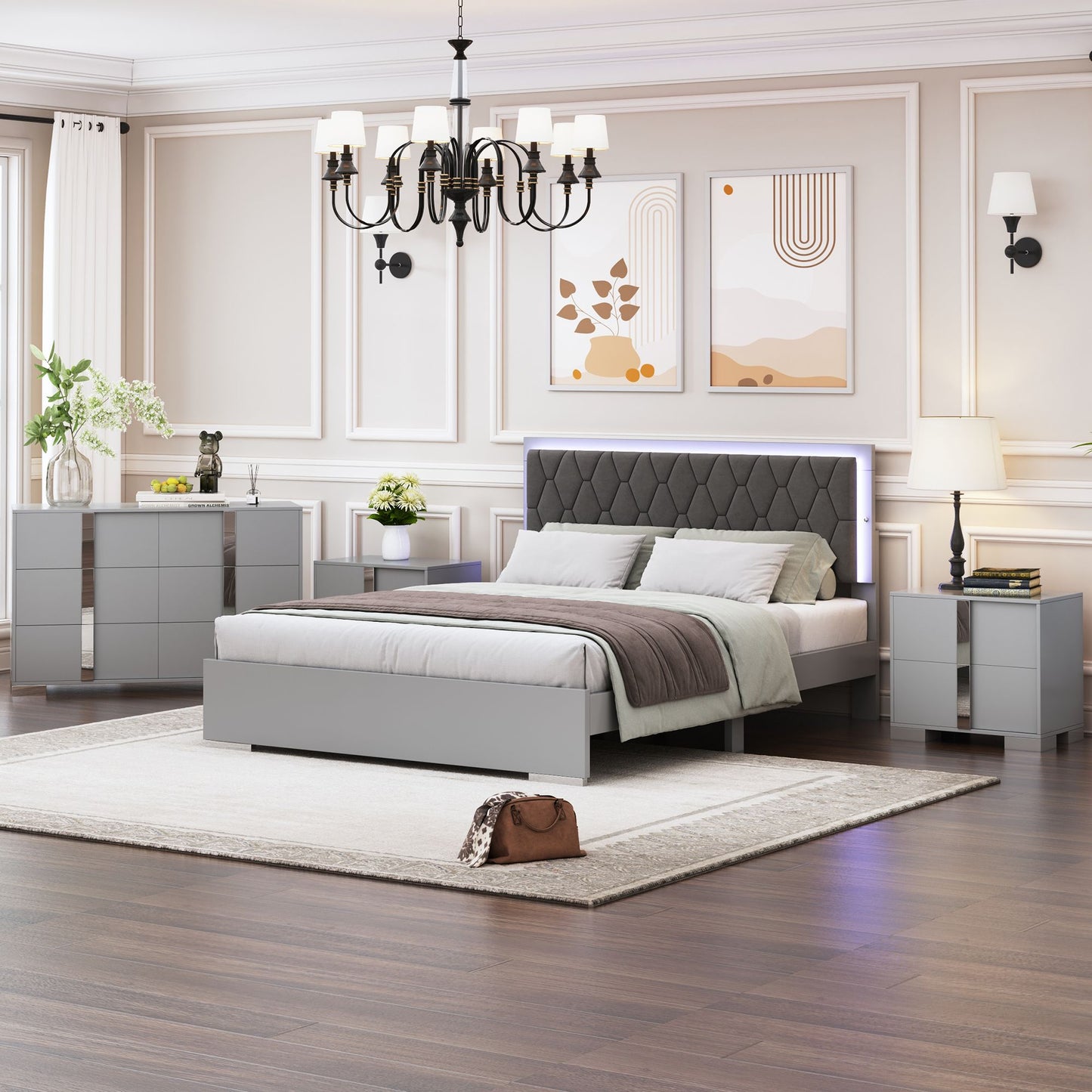 Luxury 4-Piece Bedroom Sets Queen Size Upholstered Bed with LED Lights