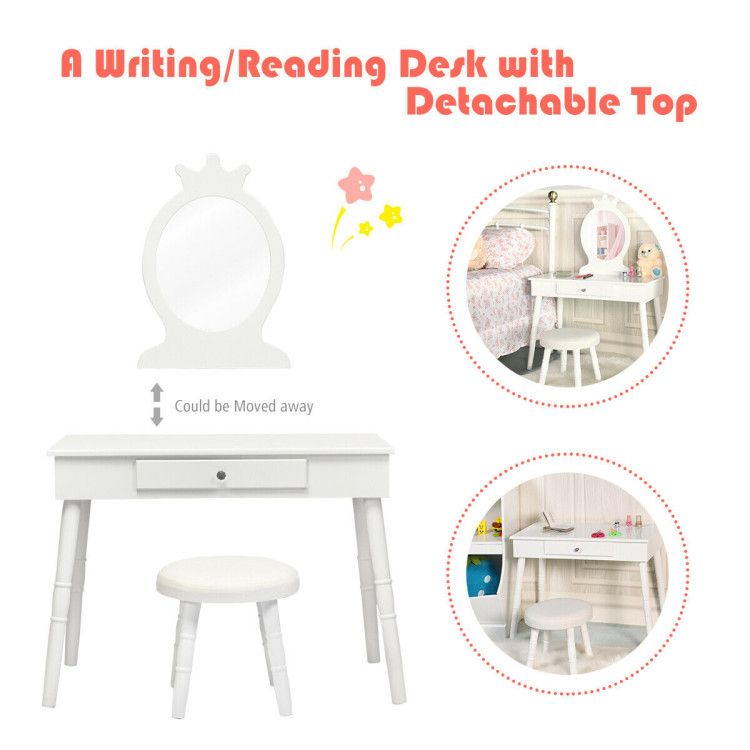 Kids Wooden Princess Makeup Table Vanity with Cushioned Stool
