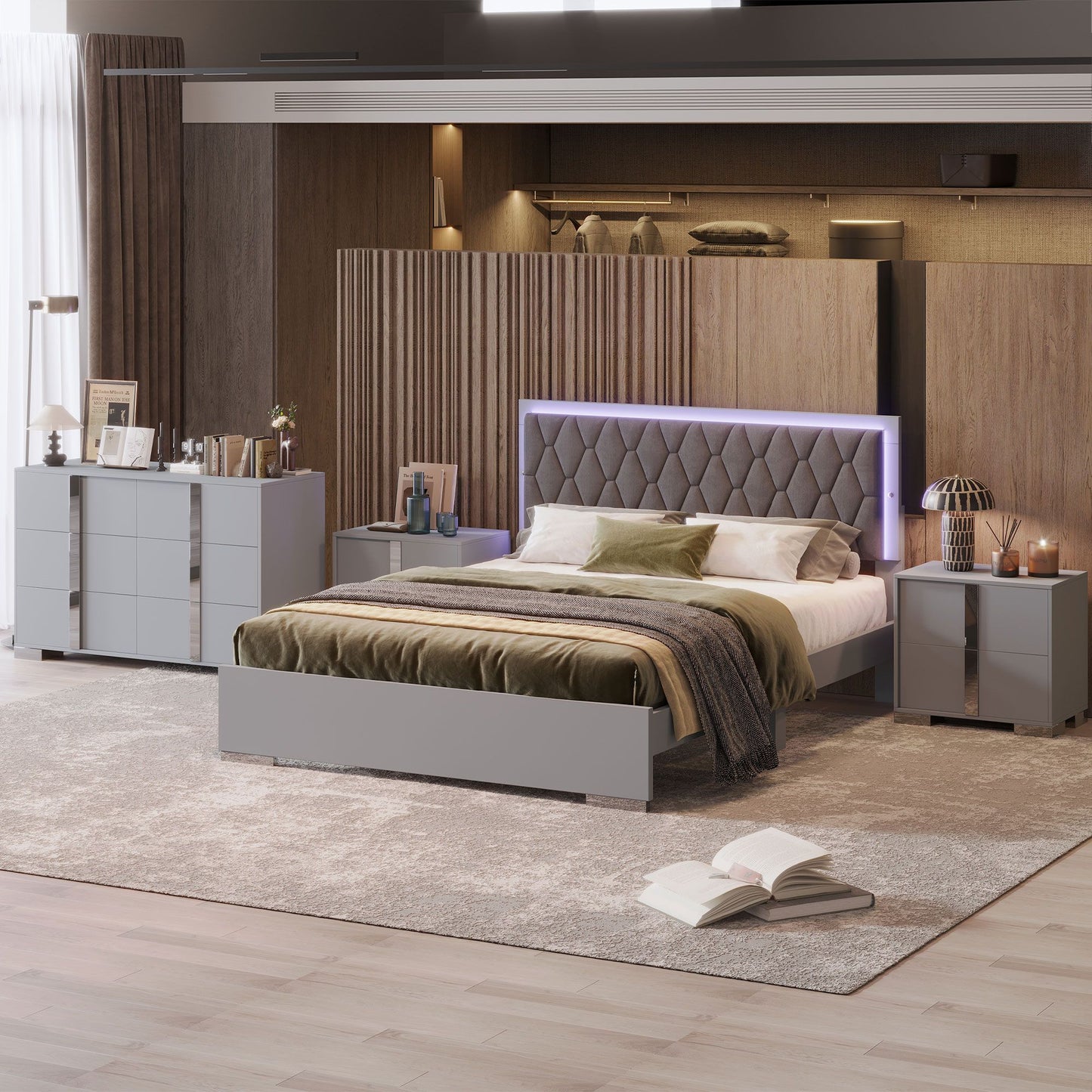 Luxury 4-Piece Bedroom Sets Queen Size Upholstered Bed with LED Lights
