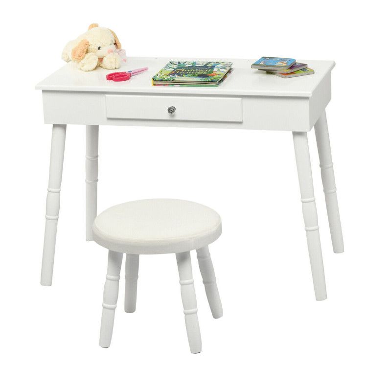 Kids Wooden Princess Makeup Table Vanity with Cushioned Stool