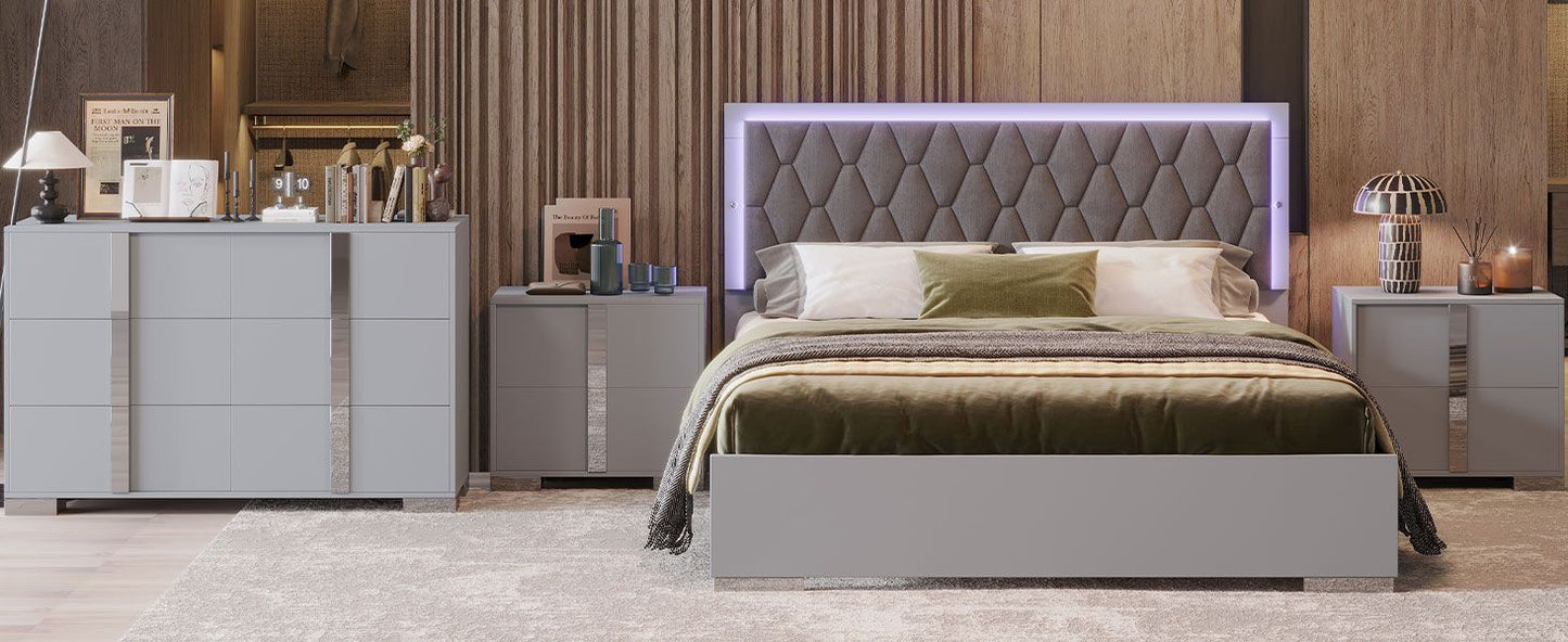 Luxury 4-Piece Bedroom Sets Queen Size Upholstered Bed with LED Lights