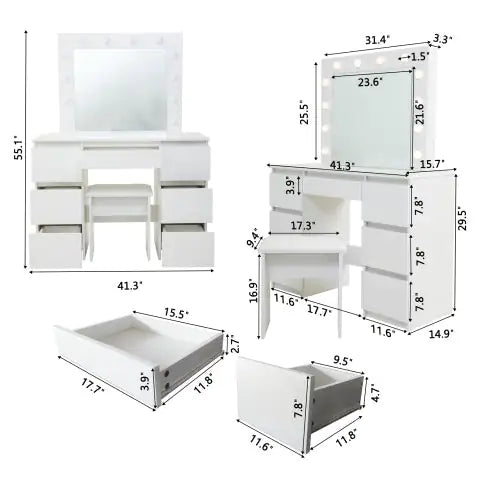 Large White Vanity Table With Mirror And Light