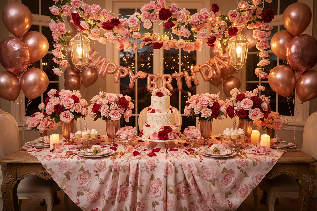 Rose Gold Birthday Party Supplies Happy Birthday Banner Tissue Flowers Confetti Balloons Foil Curtain for 18th 21st 30th 40th 50th Girls Women Birthday Decorations