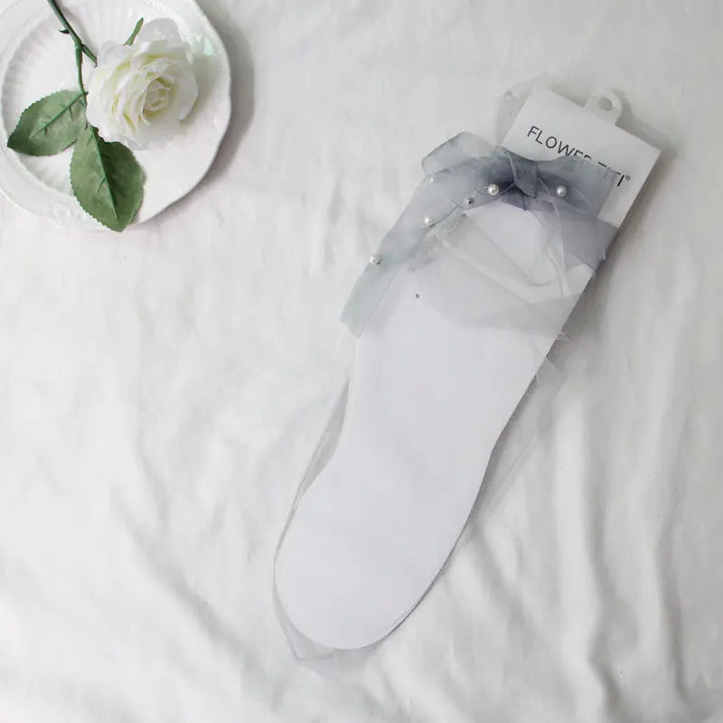 Transparent Sheer Mesh Socks with Bowknot and Pearls