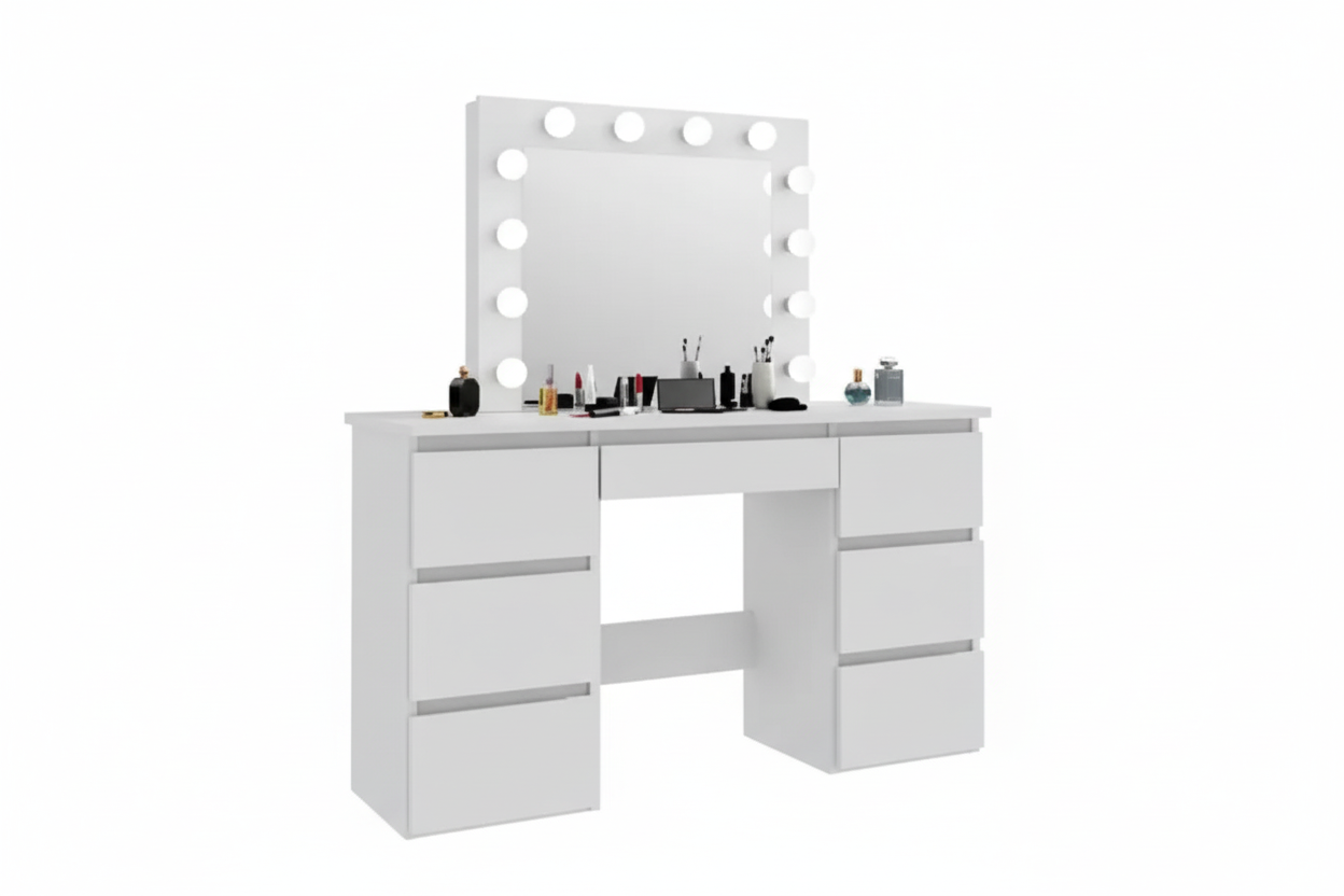 Large White Vanity Table With Mirror And Light