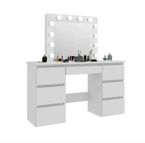 Large White Vanity Table With Mirror And Light