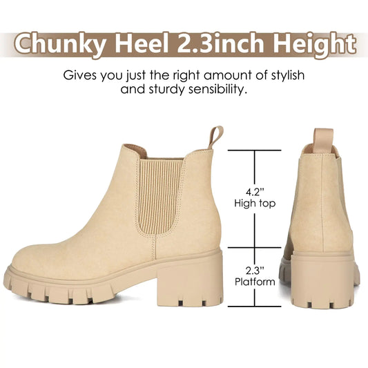 Women's Chelsea Fashion Lug Sole Chunky Heel Slip on Elastic Ankle Booties
