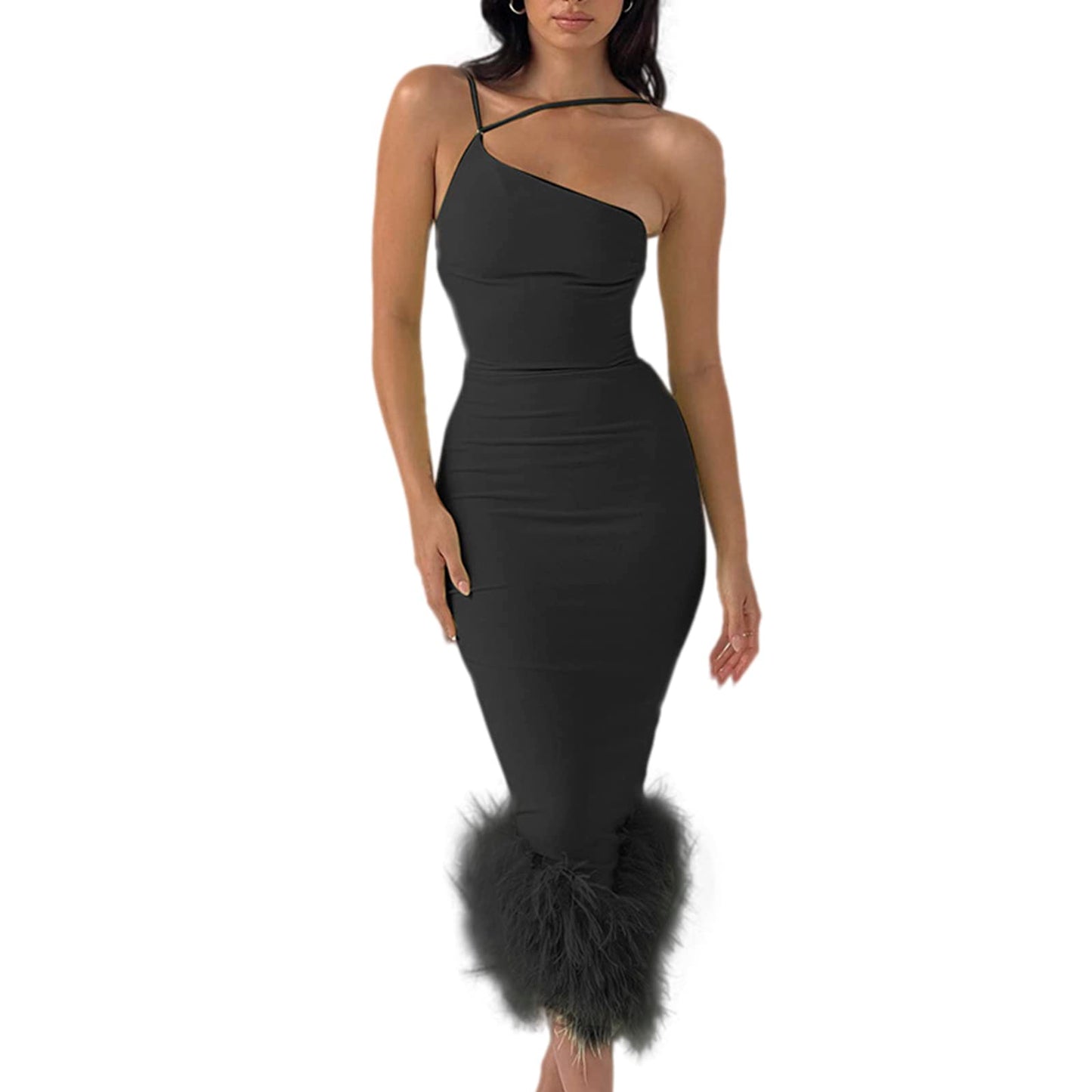 Elegant One-Shoulder Feathered Bandage Dress
