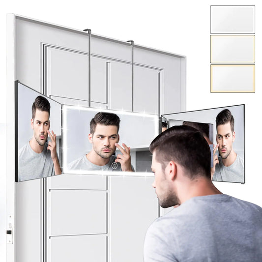 3 Way Mirror with 3 Colors Light Rechargeable Self Cut Mirror Trifold Mirrors Adjustable Barber Mirror Telescoping Hooks for Self Hair Cutting 360 Mirror for Men Shaving Women Dyeing Hair Braiding