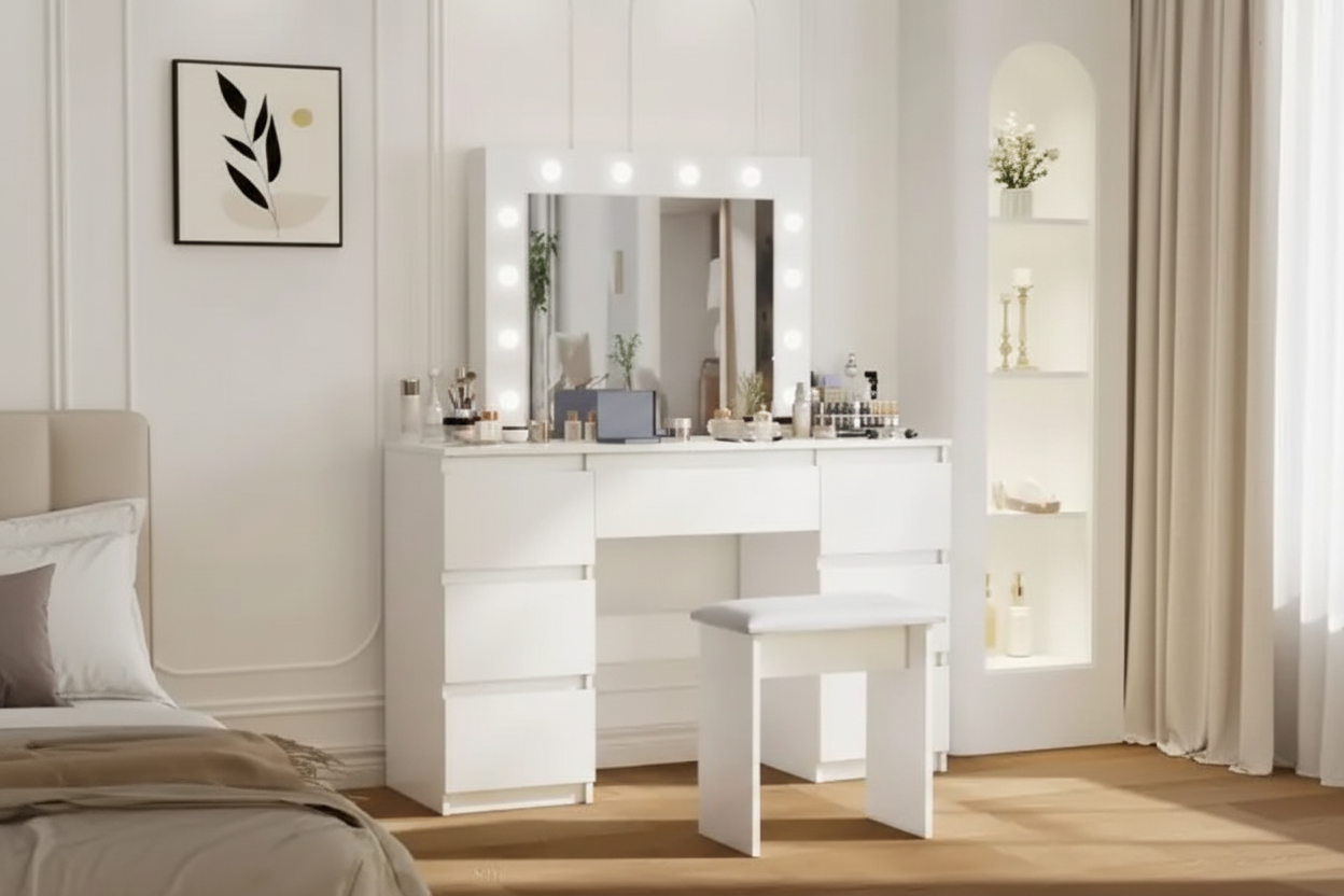 Large White Vanity Table With Mirror And Light