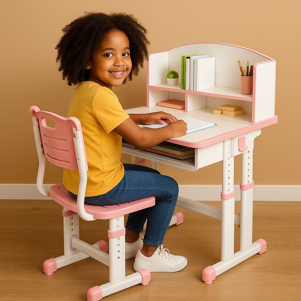 Pink Adjustable Study Desk & Chair Set with Bookshelf