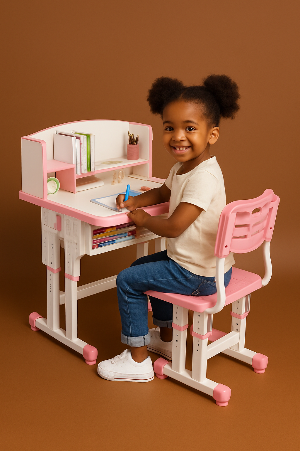 Pink Adjustable Study Desk & Chair Set with Bookshelf
