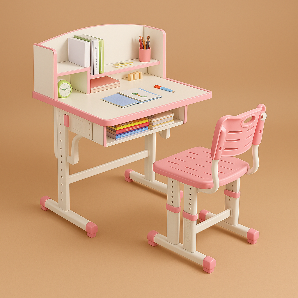 Pink Adjustable Study Desk & Chair Set with Bookshelf