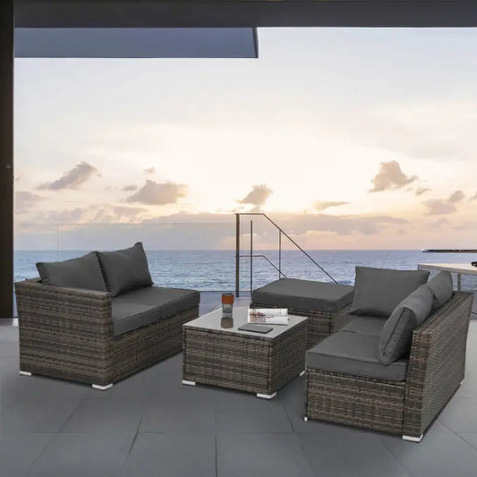 Outdoor Wicker Furniture Set W/ Tempered Glass Coffee Table
