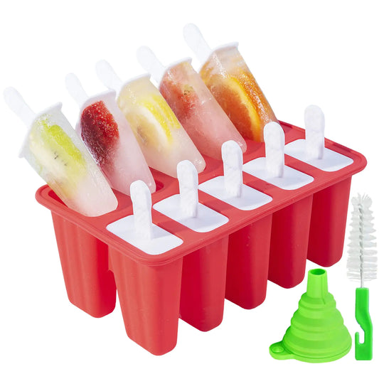 Popsicle Mold 10 Piece BPA Free Ice Pop Mold Easy Release (10 Cavities Red)