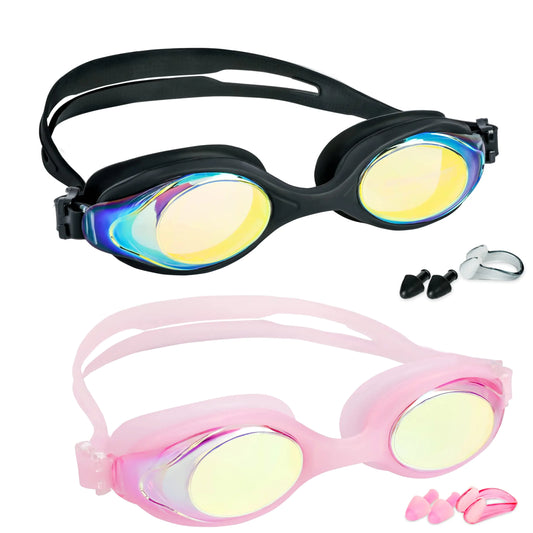 EWPJDK Kids Swim Goggles - 2 Pack Swimming Goggles For Teens Boys & Girls Age 3-15 (Black & Pink)