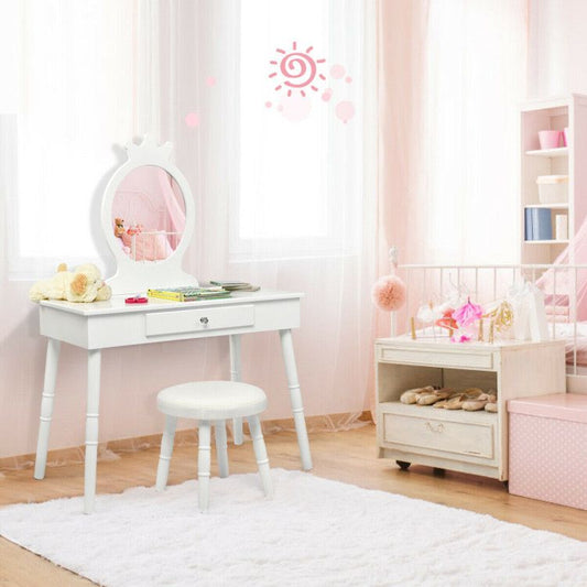 Kids Wooden Princess Makeup Table Vanity with Cushioned Stool