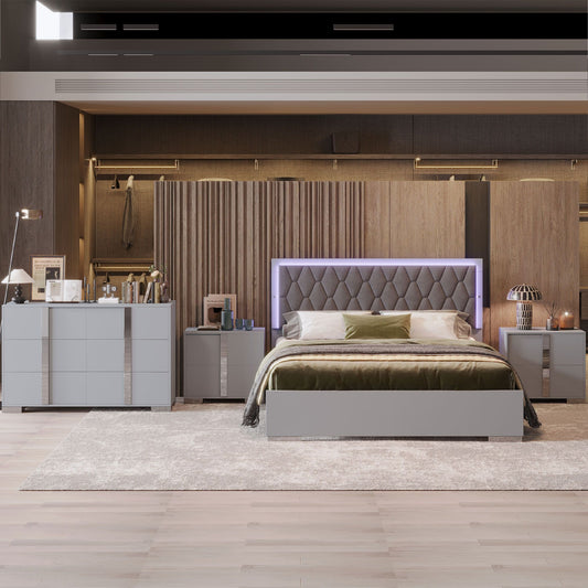 Luxury 4-Piece Bedroom Sets Queen Size Upholstered Bed with LED Lights